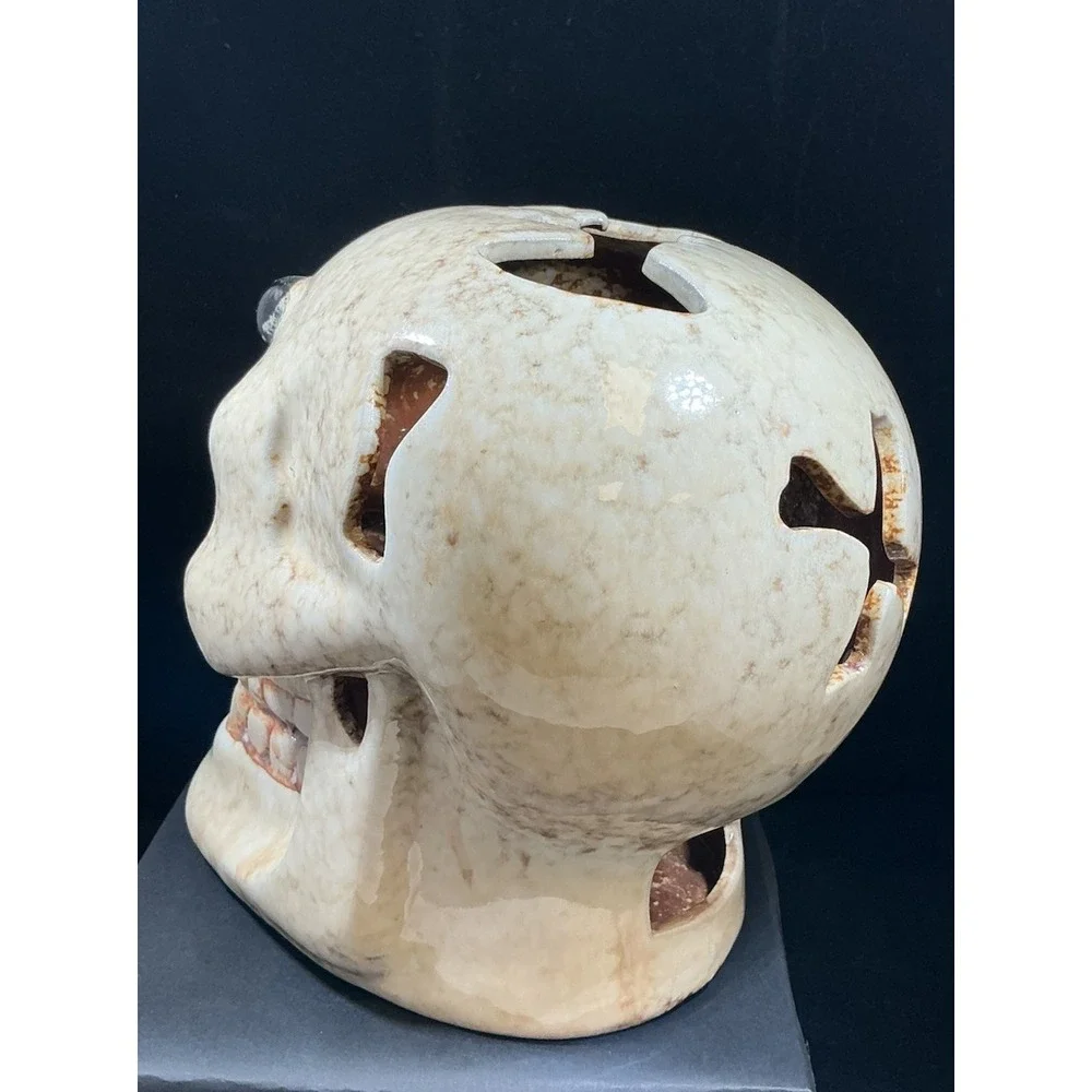 Ceramic Skull Candle Holder Halloween Decor Spider Bat Cutouts Mottled Glaze
